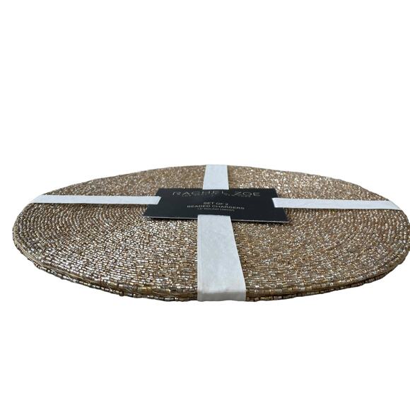 RACHEL ZOE Metallic GOLD Glass Beaded Charger Placemats 14" Round Set of 2 NEW - Picture 5 of 10